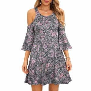 BeBop Gray Pink Floral Cold Shoulder Swing Dress Women’s Small NWT